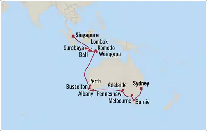 Oceania Cruises Singapore to Sydney Map